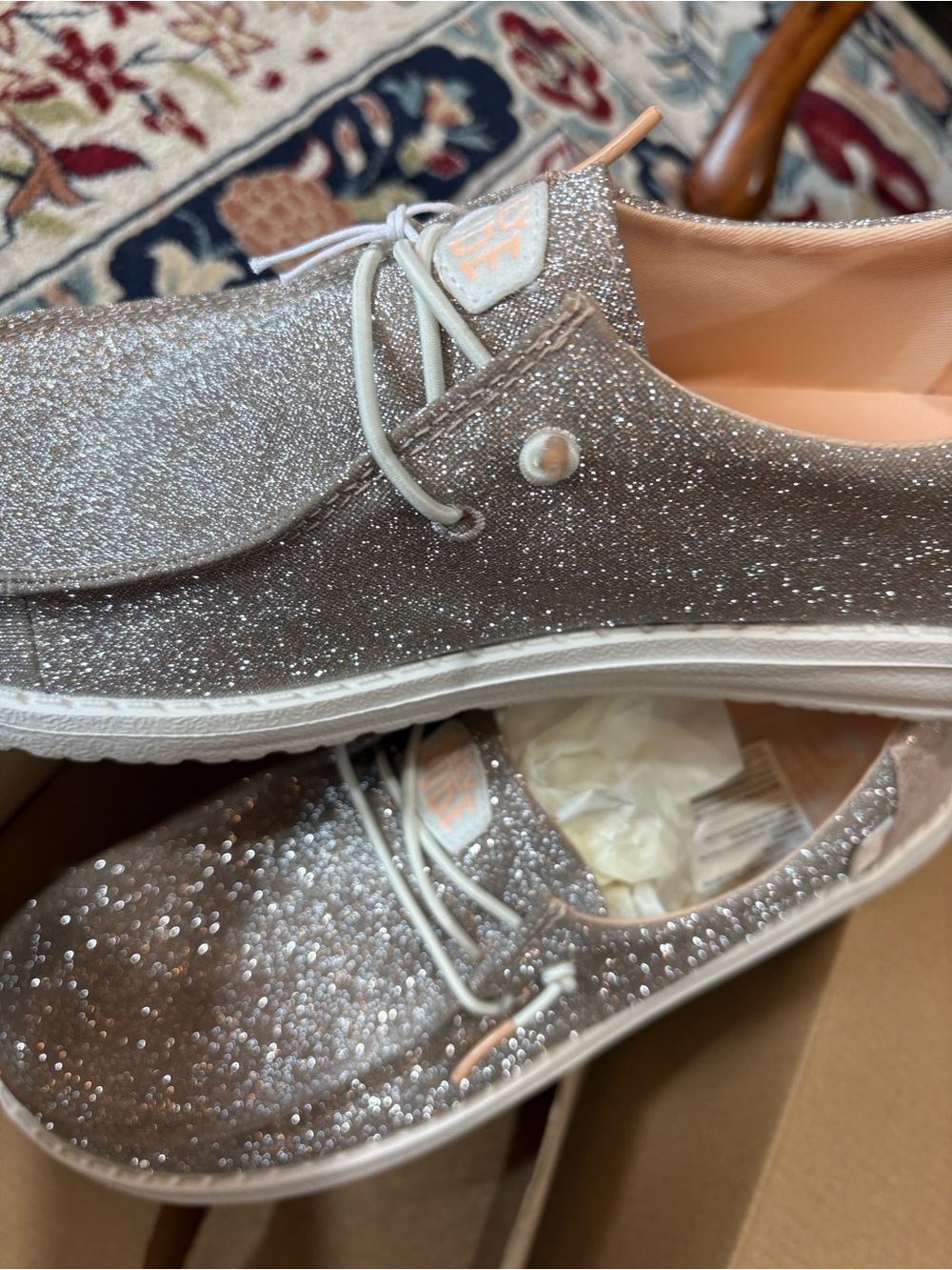 Hey Dude Sparkle Slip-Ons in Taupe with Peach Lining. Absolutely Charming!! - Picture 2 of 6